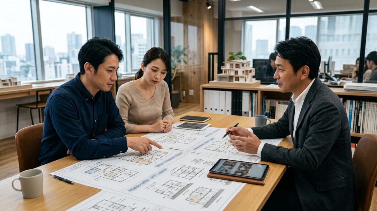 設計事務所で建築士から住宅の間取り図の説明を受ける夫婦